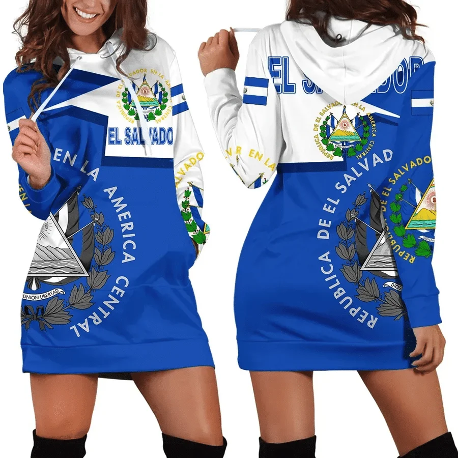 El Salvador Flag Hoodie Dress Women Hoodie Dress 2023 New 3d Print Long Sleeve Hoodie Casual Hooded Sweater Tops Women