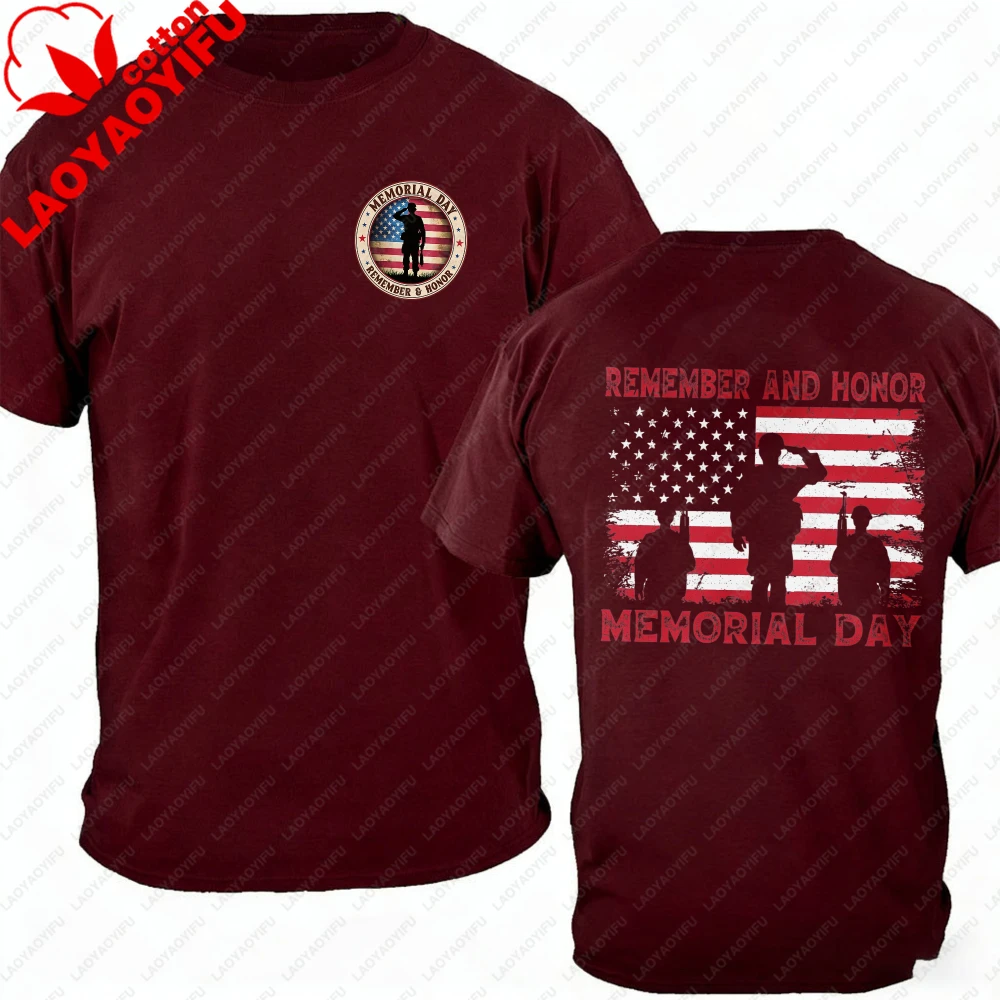 Remember And Honor Memorial Day Men's T-Shirt, USA Flag Soldier Salute Graphic, Cotton Patriotic Military Veteran Streetwear