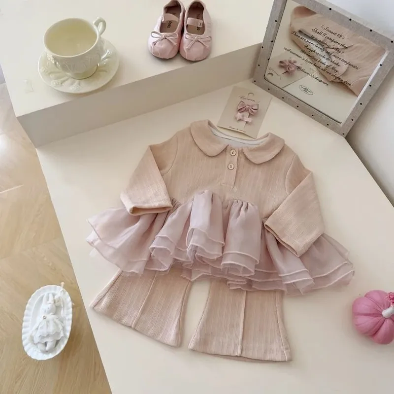 New Girls Spring Autumn 2 Piece Set Doll Collar Mesh Skirt Top Micro Flare Pants Children Outfit