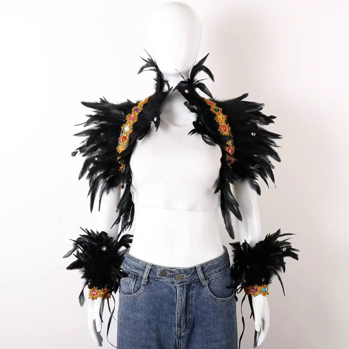 Selendang Bahu Bulu Berhias Berlian Imitasi dengan Manset Lengan Senada untuk Karnaval, Halloween, Cosplay, Panggung, Rave, Festival, Pesta, Aksesoris Kostum