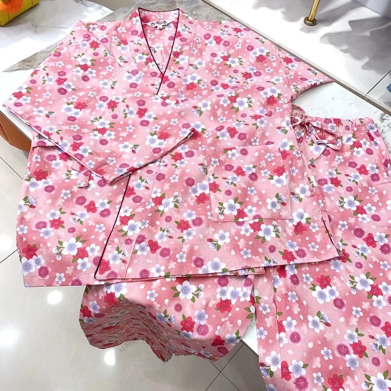 

Japanese Style Floral Print Samue Robe Set for Women - 2 Piece Yukata Kimono Pajamas Loungewear Cotton Sleepwear Spring Autumn