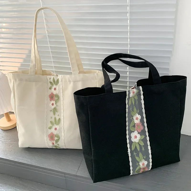 Fashion Simple Embroidered Flower Canvas Tote Bags for Women Travel Large Capacity Student School Work One Shoulder Handbag