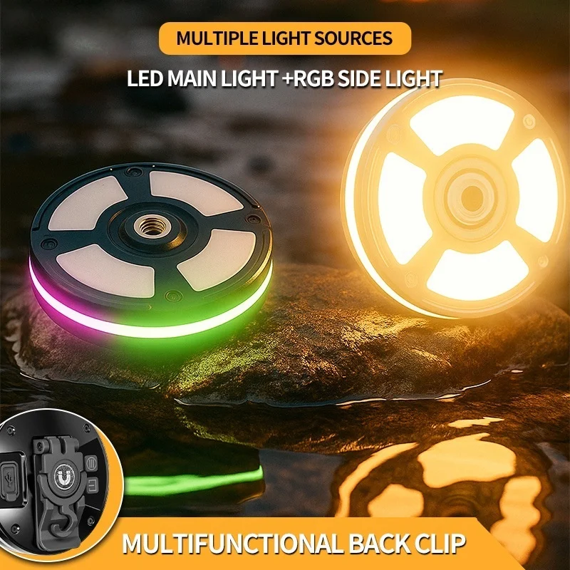 Outdoor Flashlight LED RGB Camping String Lights Type-C Charging Rechargeable Hanging Lights Magnetic Hat Clip Lamp with Hook