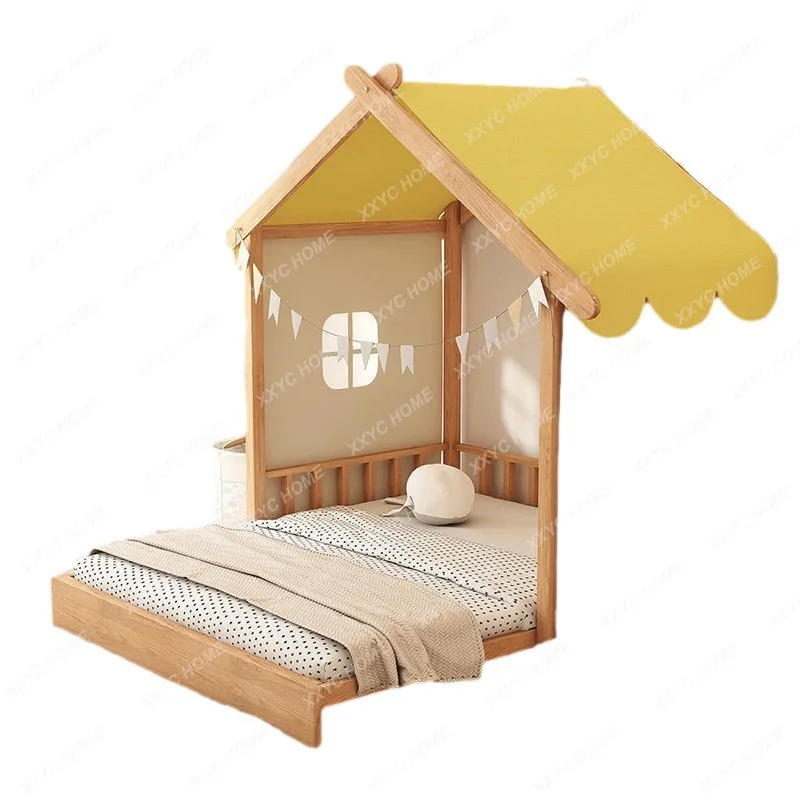 Children's Bed with Tent Solid Wood Telescopic Bed Push-Pull with Fence Girl Princess Bed Boy Bed Ice Sucker Folding Bed