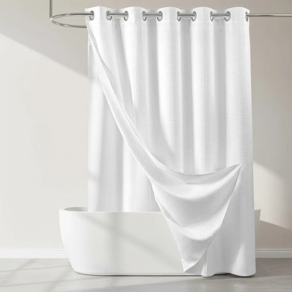 

Cotton Blend No Hook Shower Curtain with Snap Liner, Hotel Grade Water Repellent Bathroom Curtain White 71x74