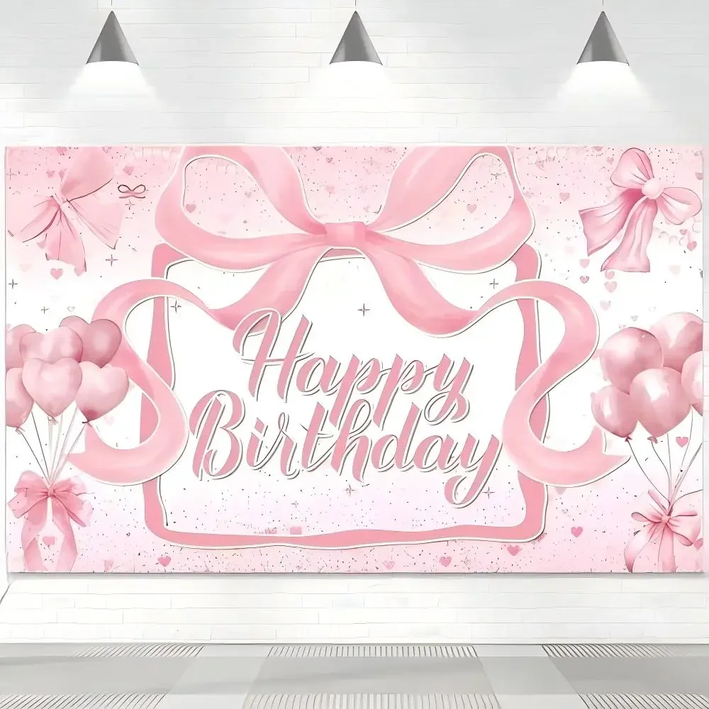 Rosa Schleife Fotografie-Hintergrund Mädchen Happy Birthday Dekor Banner Heimwand Kuchentisch Dekoration Hintergrundbanner Partyzubehör