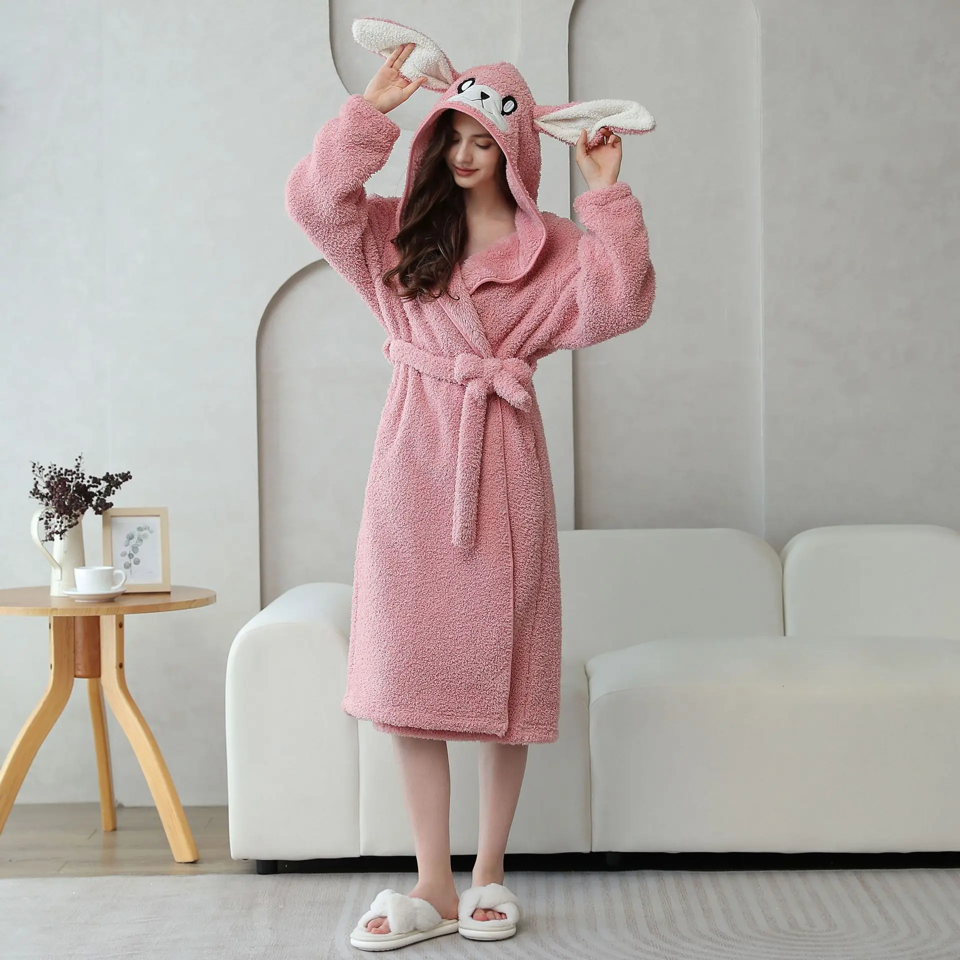 

Women's Sleepwear Gown Cartoon Panda Hooded Cardigan Robe With Belt Flannel Bathrobe Velvet Pajamas Winter Warm Home Clothes