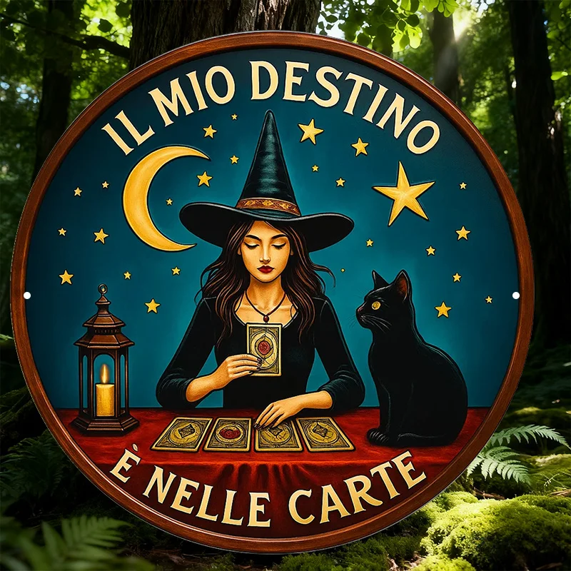 Vintage Decorative Plaque Featuring a Witch Theme, a Round Italian Aluminum Sign , Related to 'Fate Cards', Suitable for Decor
