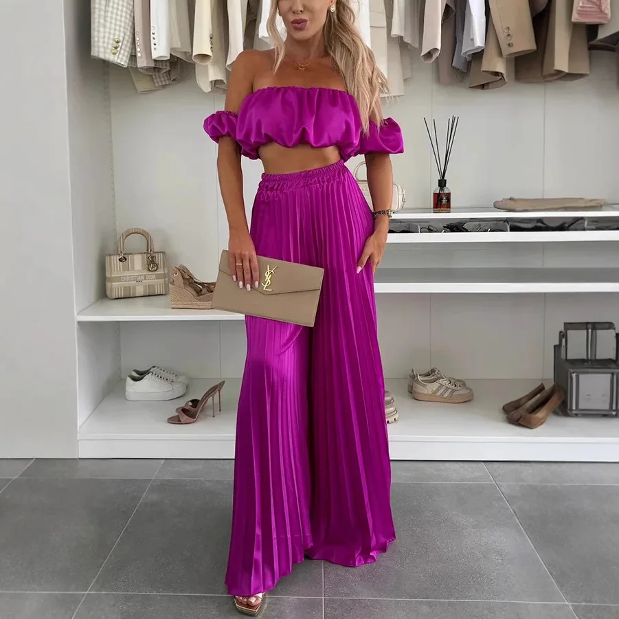 

2026 Summer Women Sets Sexy Off-shoulder Sleeveless Short Tops+ Wide Leg Pants 2 Piece Sets Fashion Party Casual Trousers Outfit