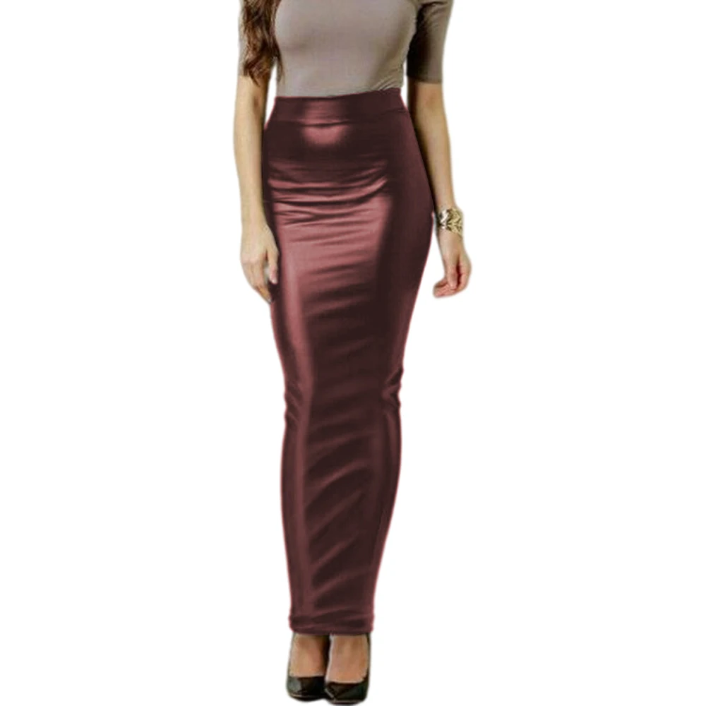 Women's PU Leather Matte Long Pencil Skirts, High Waist, Slim Hobble Skirts, Elegant Ladies Bodycon Stretch Skirts, Streetwear