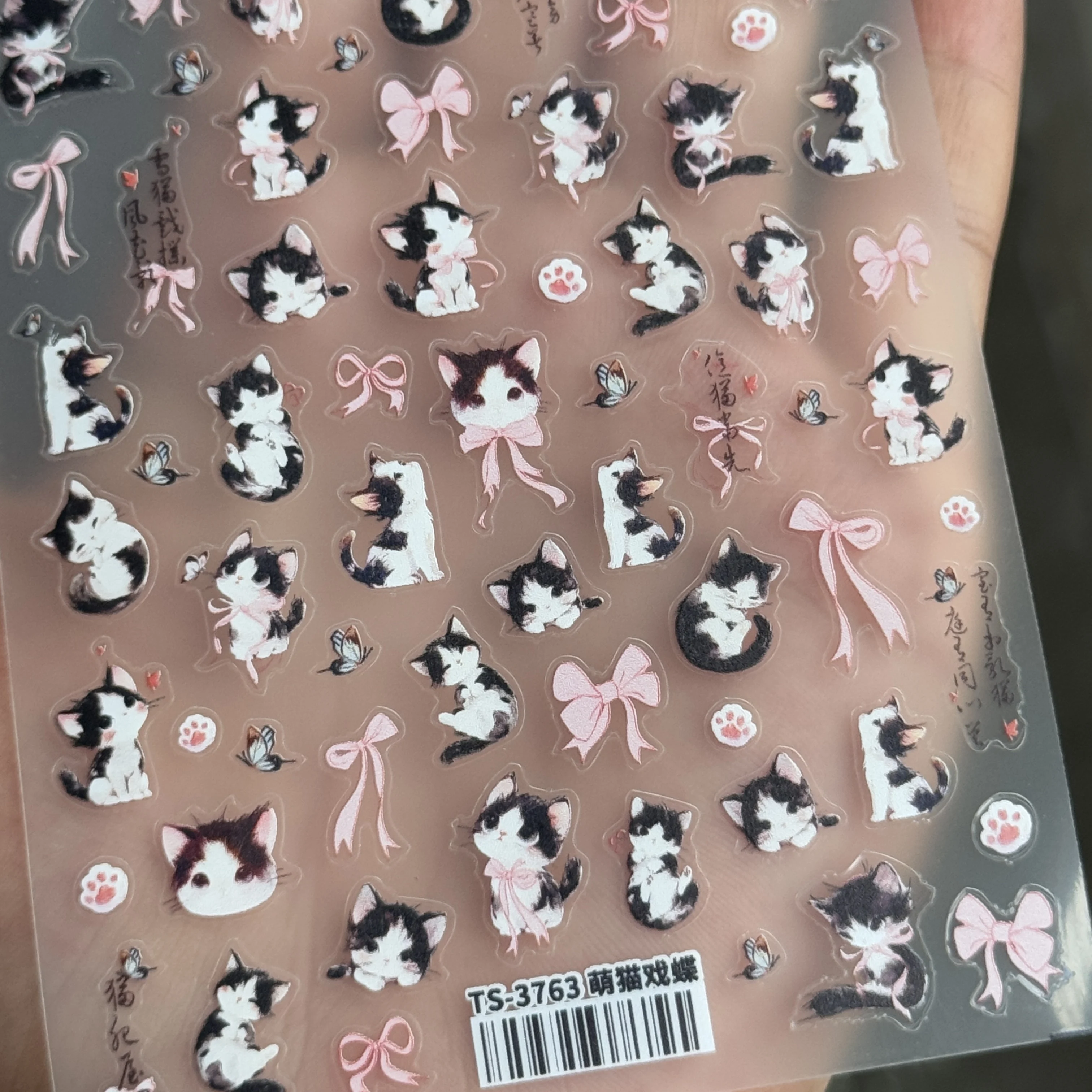 

5D Lovely Cat Pink Ribbon Bow Nail Stickers Cute Cartoon Kitten Nail Decals Self-Adhesive Sweet Kawaii Little Cat Manicure Decor
