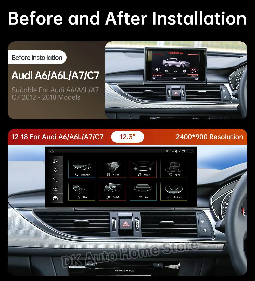 RHD12.3For Audi A6 A6L A7 C7 2012-2018 Android 16 Car Radio Multimedia CarPlay 4G WIFI DSP Stereo GPS Navigation QLED Touch S