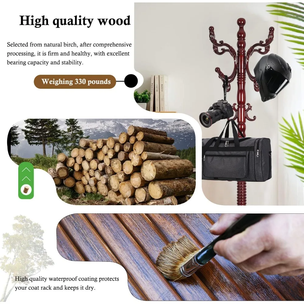 شجرة معطف خشبية قوية مع 14 خطافًا، رف عالي التحمل قائم بذاته بقاعدة مستديرة، لمسة نهائية من خشب البتولا الطبيعي