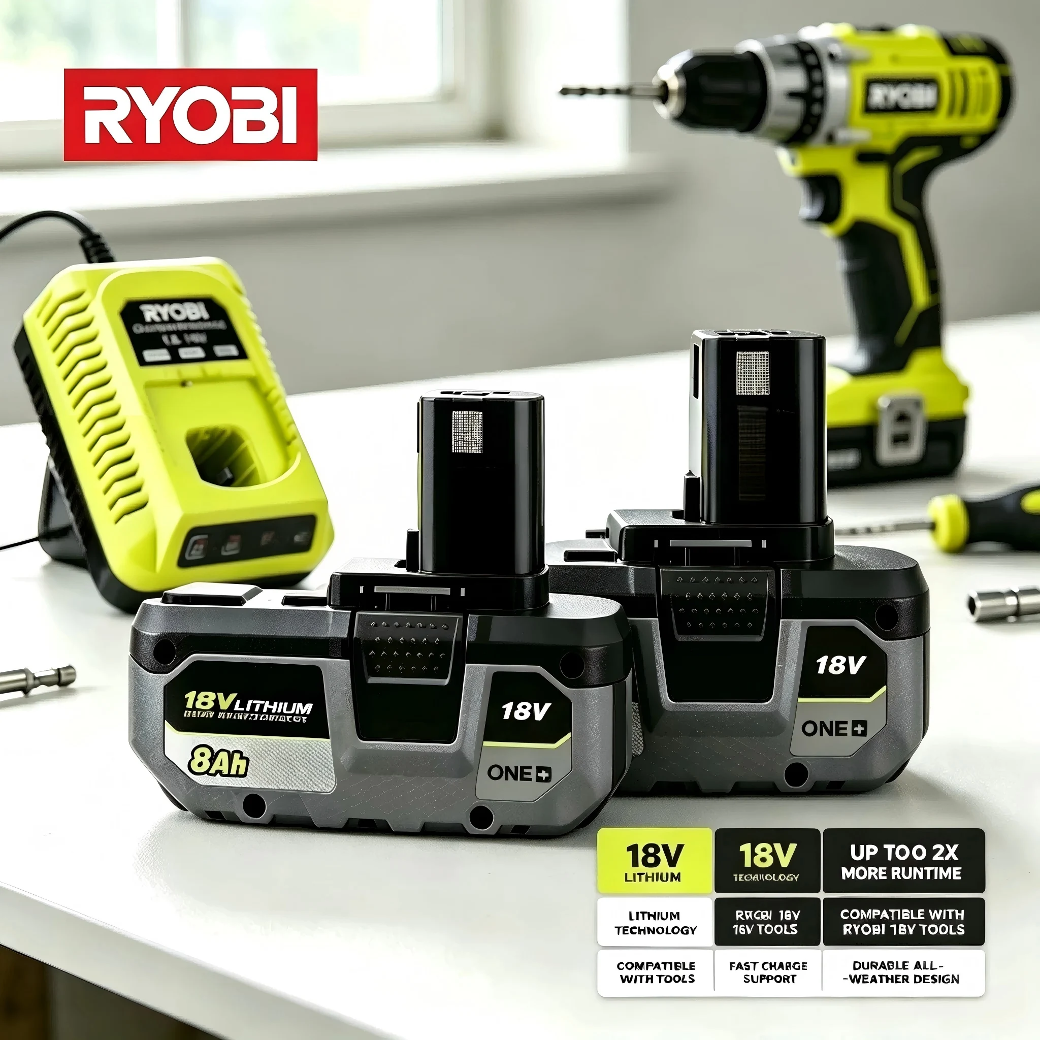 

RYOBI 18V ONE+ 8.0A Lithium Battery, High Capacity and Long Battery Life, Compatible with 18V ONE+ Power Tools.