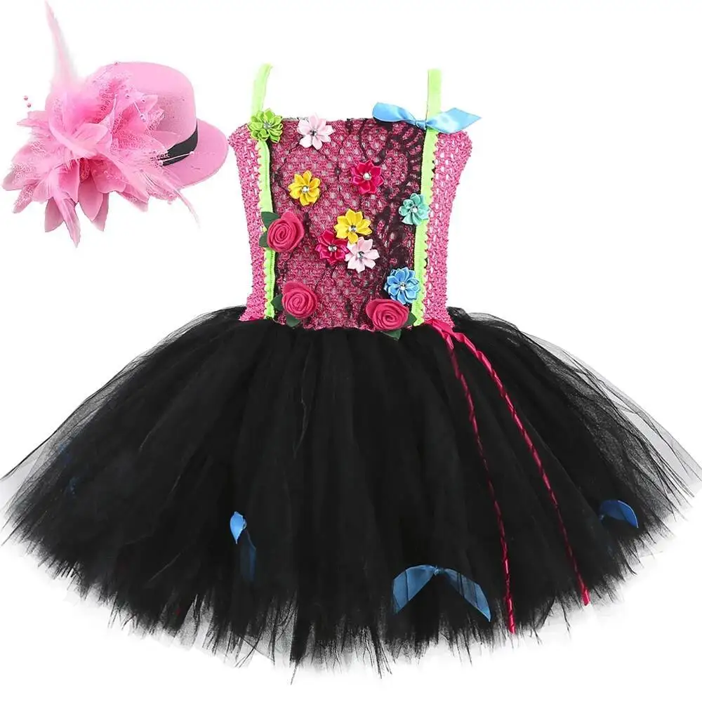 

Hot Pink Black Flowers Princess Dresses for Girls Halloween Fancy Costumes Kids Carnival Party Disguise Outfit with Hat Hairpin