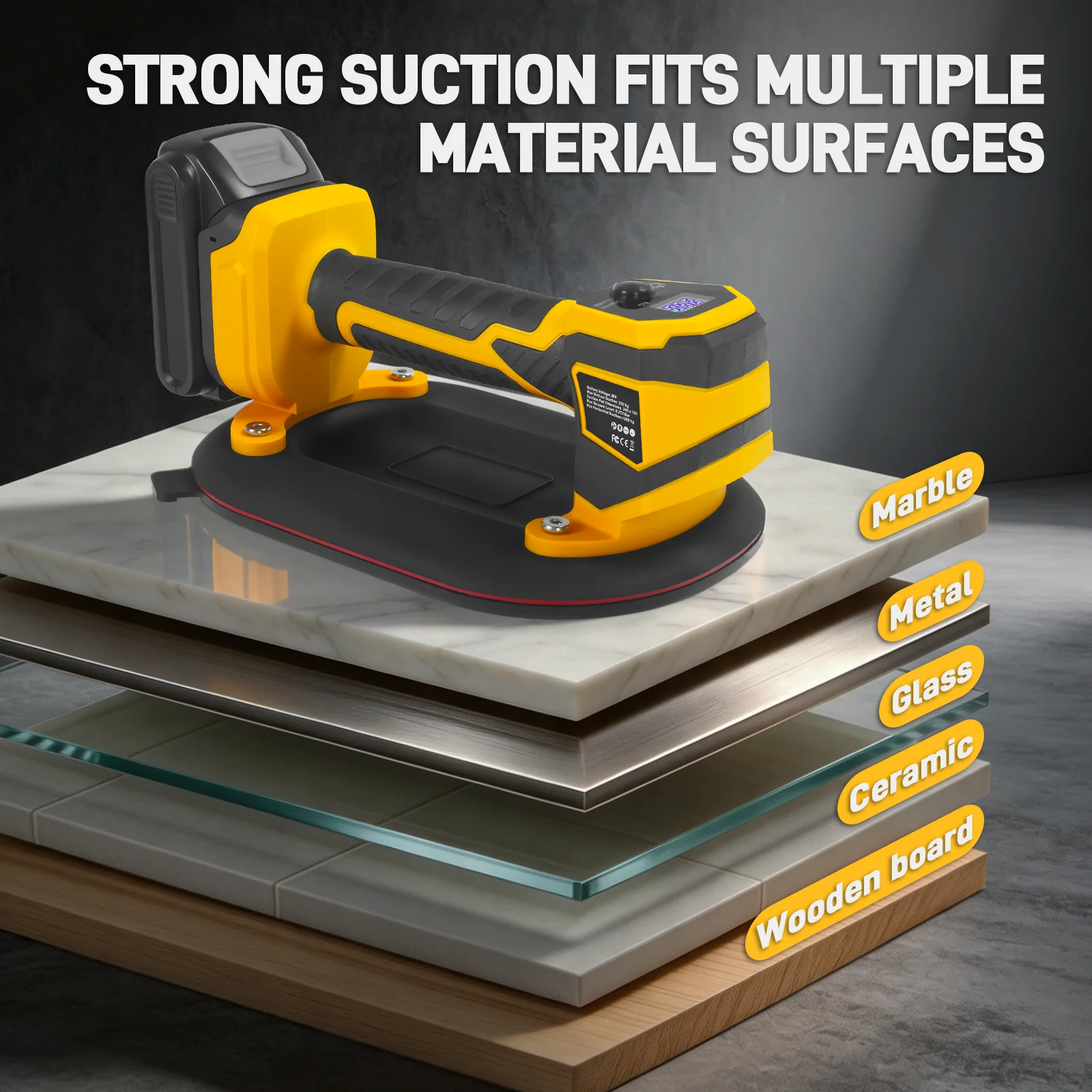 Electric Vacuum Suction Cup Lifter 250KG Load Wood Drywall Granite Glass Tile Heavy Lifting Tool for Dewalt 20V Battery Pin view 5