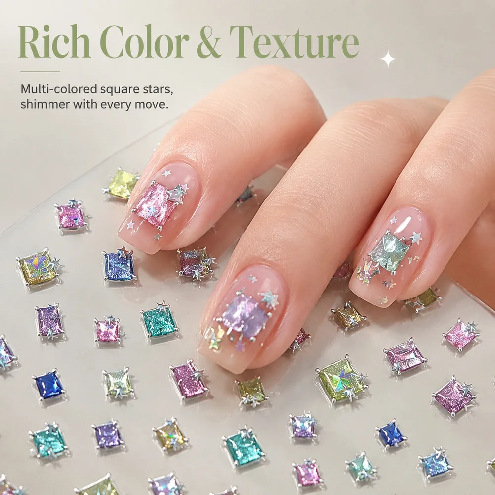 1Pc Shiny Imitation Diamond Nail Stickers Square Sugar Cube Laser Holographic Star 3D Decals For Fashion Nail Art Making