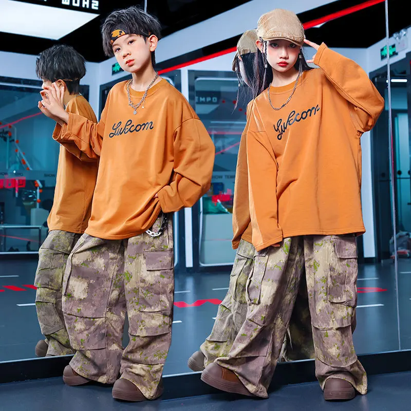 Детский хип-хоп хип-хоп крутой джазовый танцевальный костюм для девочек, байкерский костюм для мальчиков, оранжевый камуфляжный брючный костюм с длинными рукавами