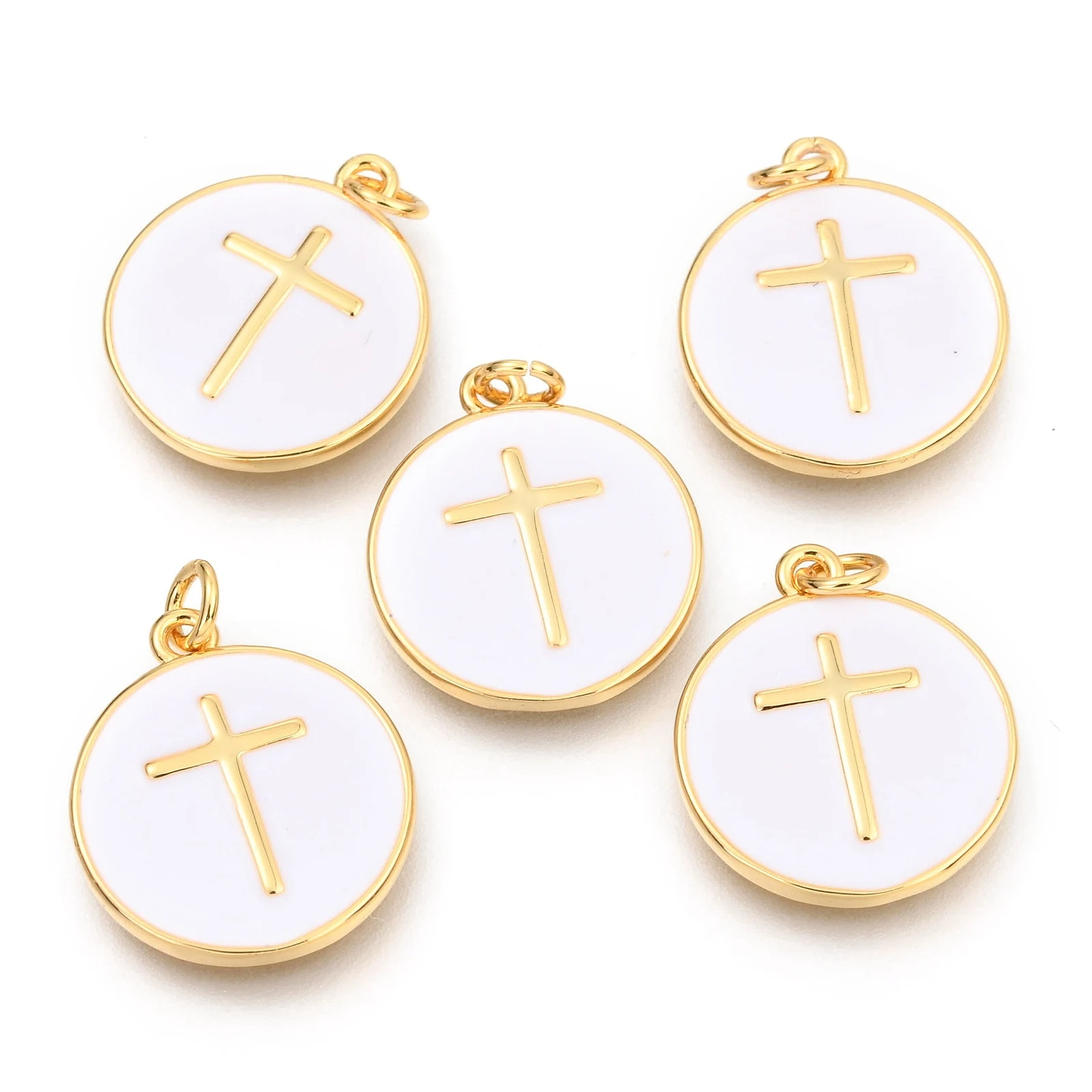 5PCS Brass Enamel Pendants Gold Plated with Jump Rings Flat Round with cross White for Making DIY Jewelry Necklace Earring Charm