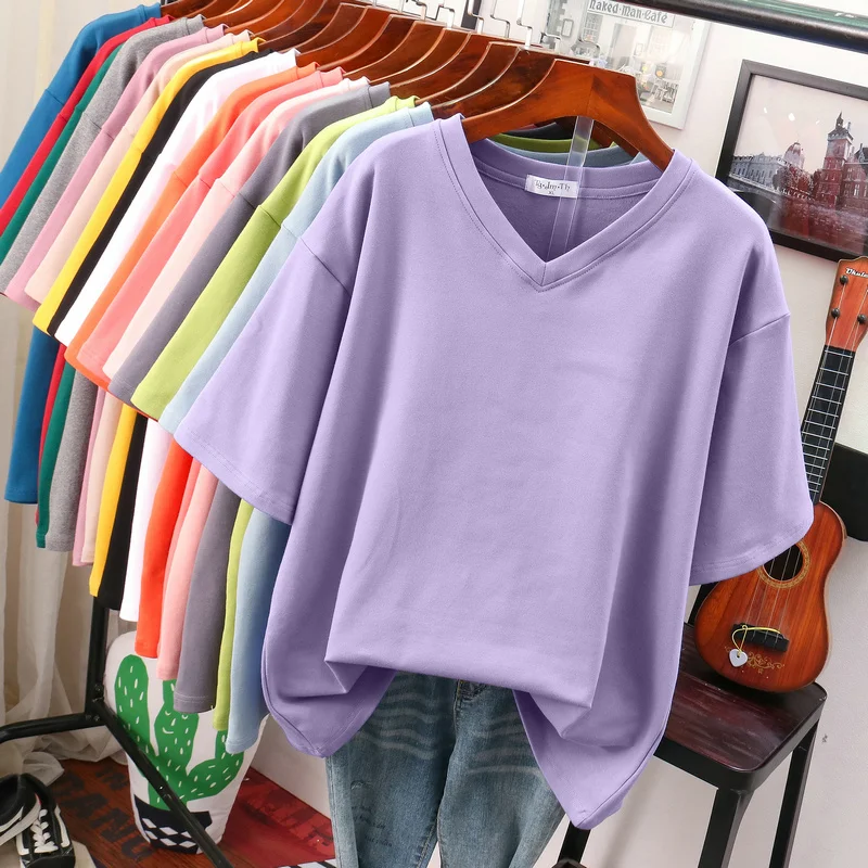 

Plus Size T Shirt 100% Cotton L-4XL T Shirts Women Solid Tshirt Basic Short Sleeve Top Summer V Neck Oversized T Shirts