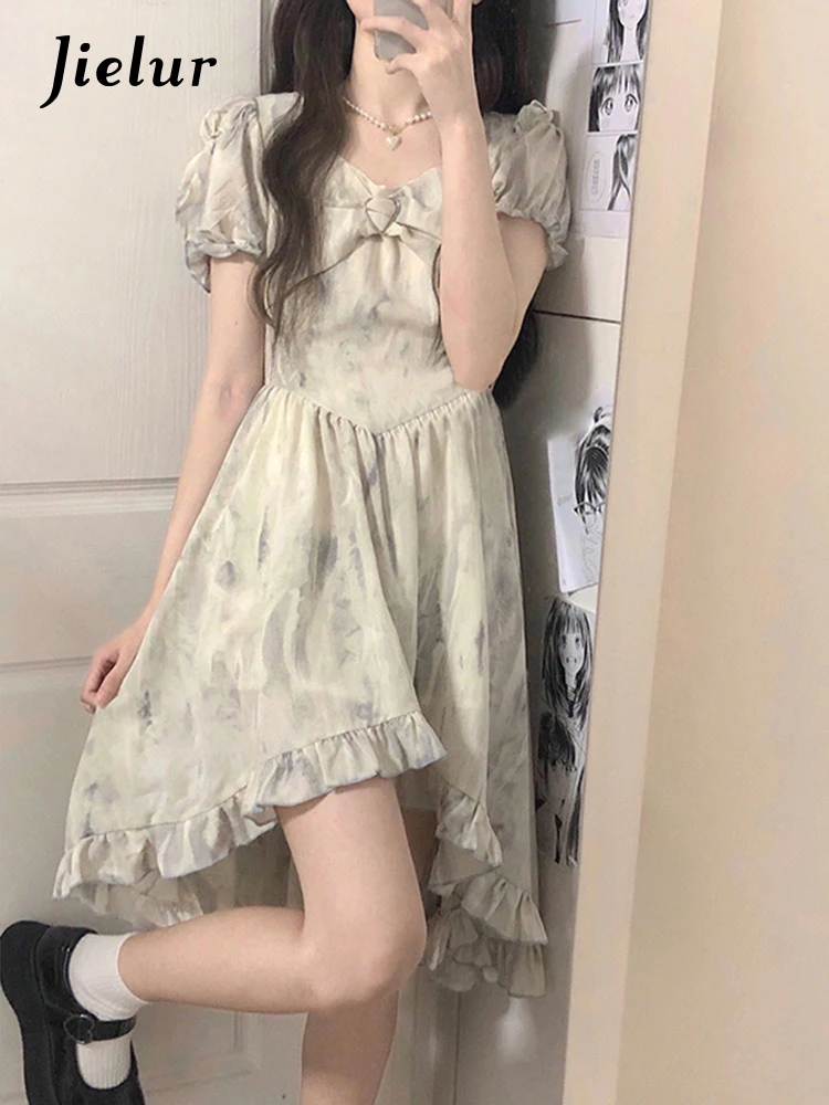 

Jielur Summer New French Sweet Women's Dress Loose Relaxed Ladies Dress Woman Apricot Chicly Puff Sleeves Chiffon Dress Female