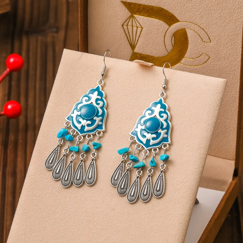 New Ethnic Irregular Natural Stone Metal Water Drop Earrings for Women Vintage Drop Oil Pattern Silver Color Earring Jewelry