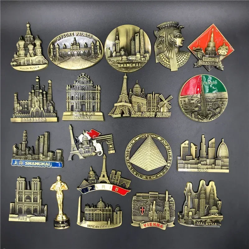 3D Metal Refrigerator Sticker USA Egypt France Austria Spain Dubai Russia Shanghai Oscar Metal Fridge Magnets Tourist Souvenir