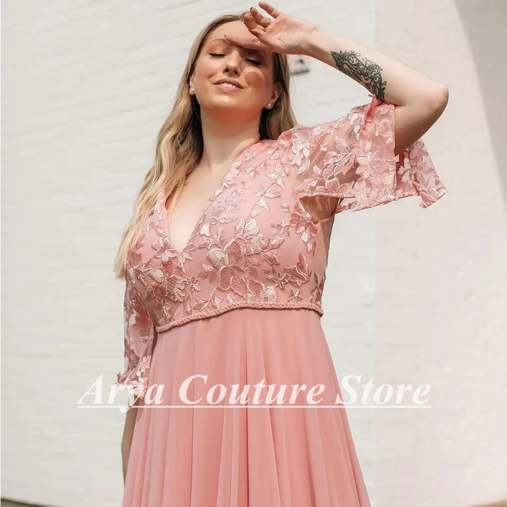 Latest Pink Chiffon Plus Size Mother of the Bride Dresses V-Neck Applique Lace Short Sleeves Women's Wedding Party Gown Custom