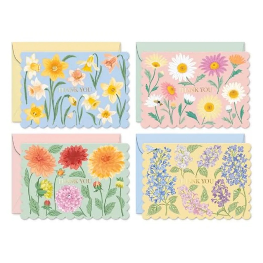 

SandO Floral Thank You Cards with Envelopes 36 Blank Cards 4 Assorted Sunlit Meadows Designs with Gold Foil 3.5x5" Pastel Thank