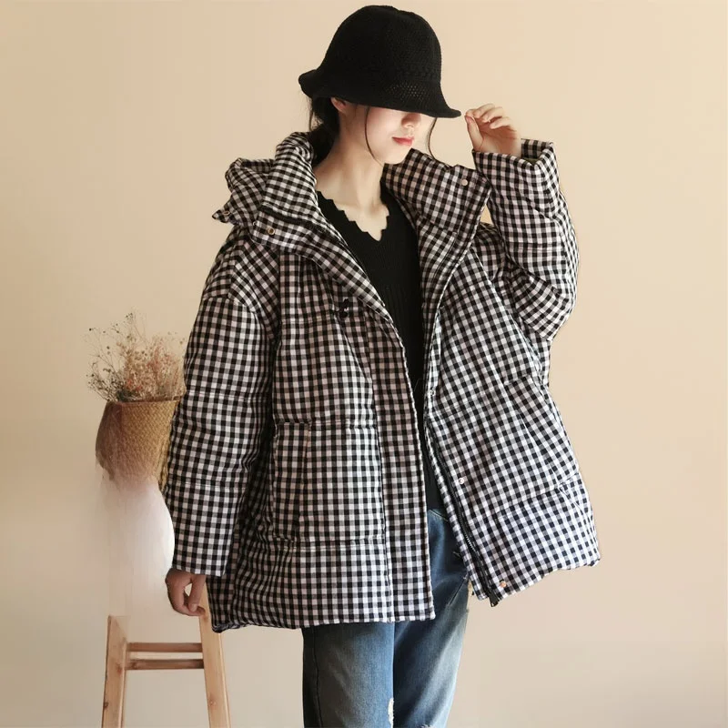 

Cool High Street Style Thickened Long Hooded White Duck down Plaid Jacket Outerwear for Short People Winter Fashionable Coat