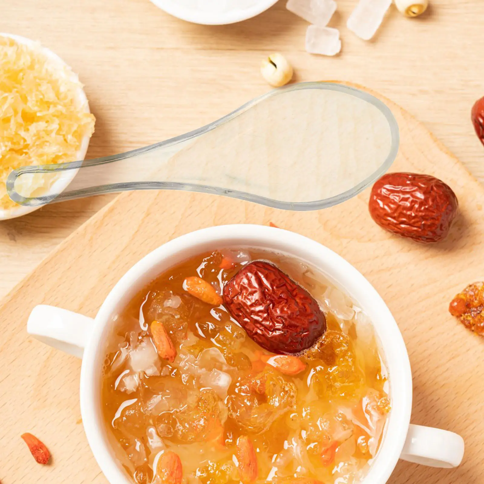 Juego de 3 cucharas de vidrio para postre, transparentes, redondas, pequeñas, para servir yogur, sopa de nido de pájaro, cocina asiática, buffet, comedor