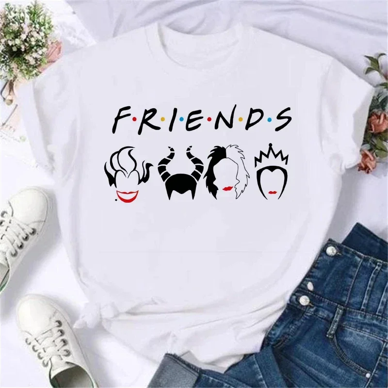 

Disney Cartoon Parody Villain Princess Print T-Shirt Women's Harajuku Style White T-Shirt Women's Y2K Style Crew Neck Top