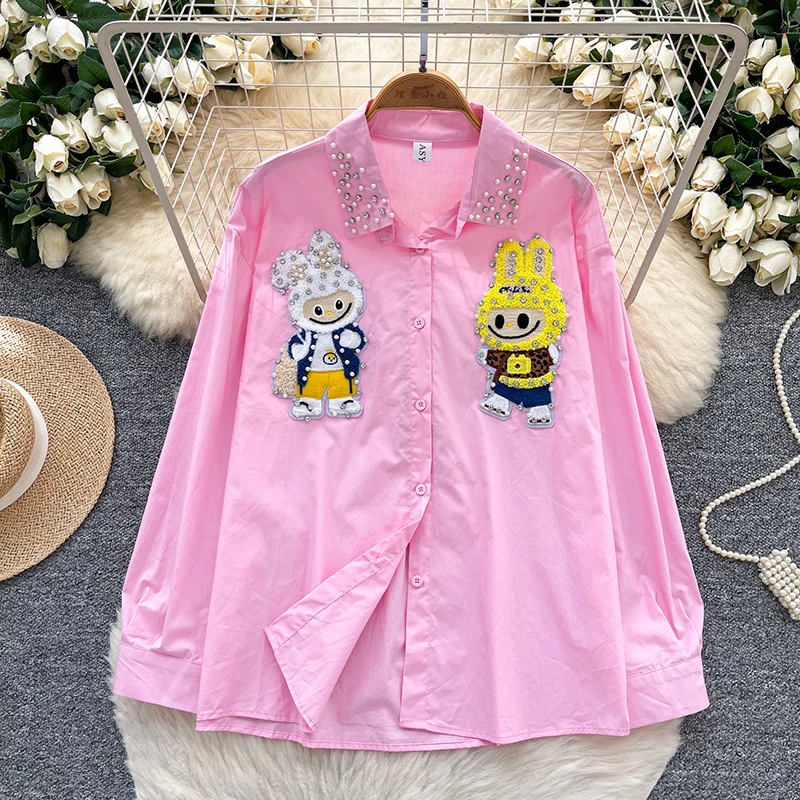 

Весенне-осенняя корейская версия, модная однобортная рубашка с мультяшной вышивкой и бисером, женская новая свободная повседневная блузка, топ C378