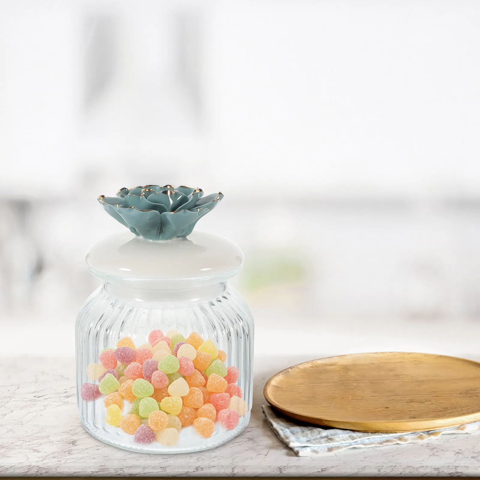 

Stylish Glass Grain Container with Handcrafted Floral Design Airtight Jar for Pantry Organization Home Kitchen Use