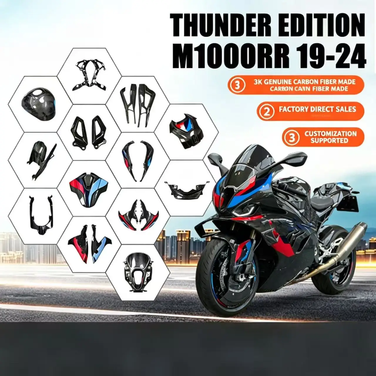Passend für BMW S1000RR/M1000RR 2019 2020 2021 2022 2023 2024 Thunder Edition Kohlefaser-Schale mit festem Windflügel-Kotflügel