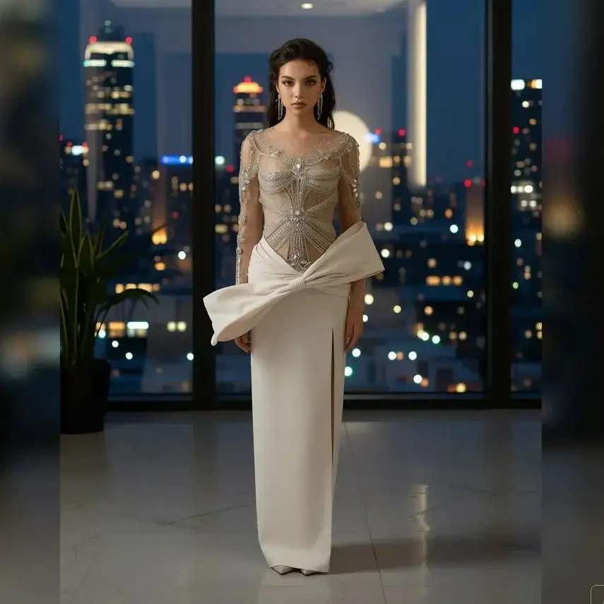 エレガントなアイボリーロングスカート、大きなリボン付き、ハイ スリット、フォーマルイブニングガウン、サテンシーススカート、結婚式のゲストパーティー用、カスタムメイド