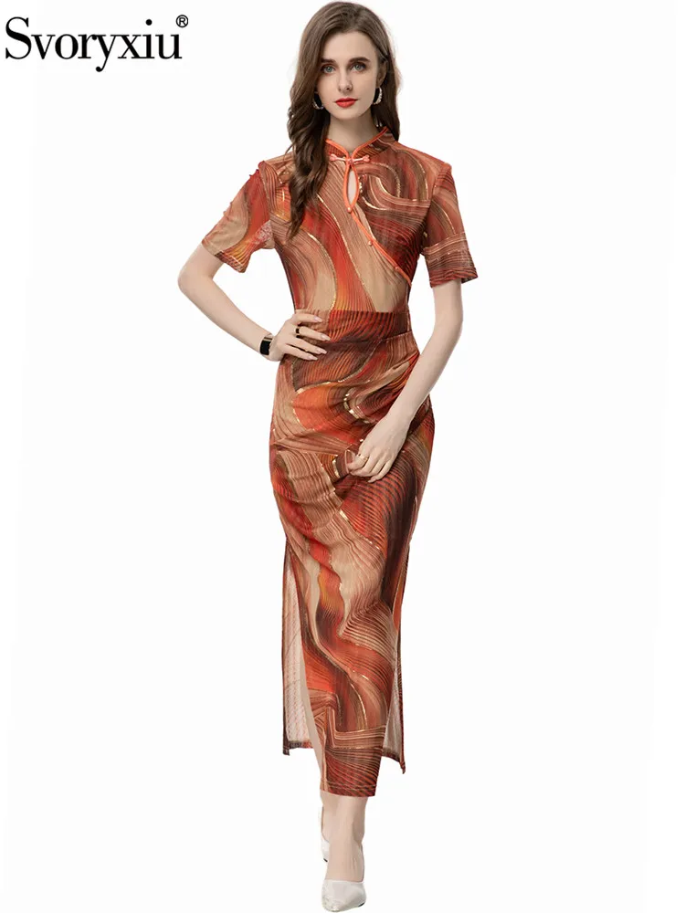 

Svoryxiu Runway Fashion Summer Vintage Geometric Print Pencil Dress Women's Mandarin Collar Disc Buckle Sexy High Slit Dress