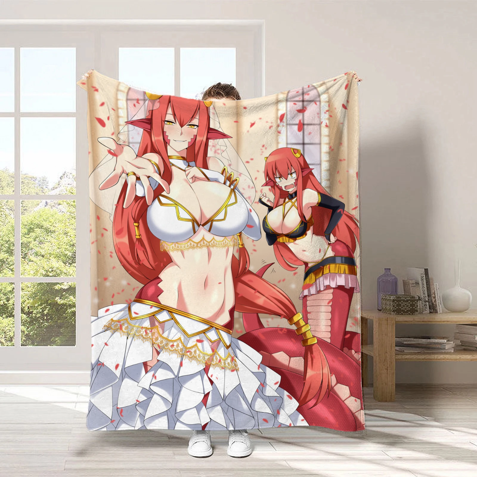 Anime Red Hair Amber Slit Pupils Snake Tail Lamia Girl Throw Blanket 150x200cm Custom Flannel Blanket for Sofa Bed Nap Gift
