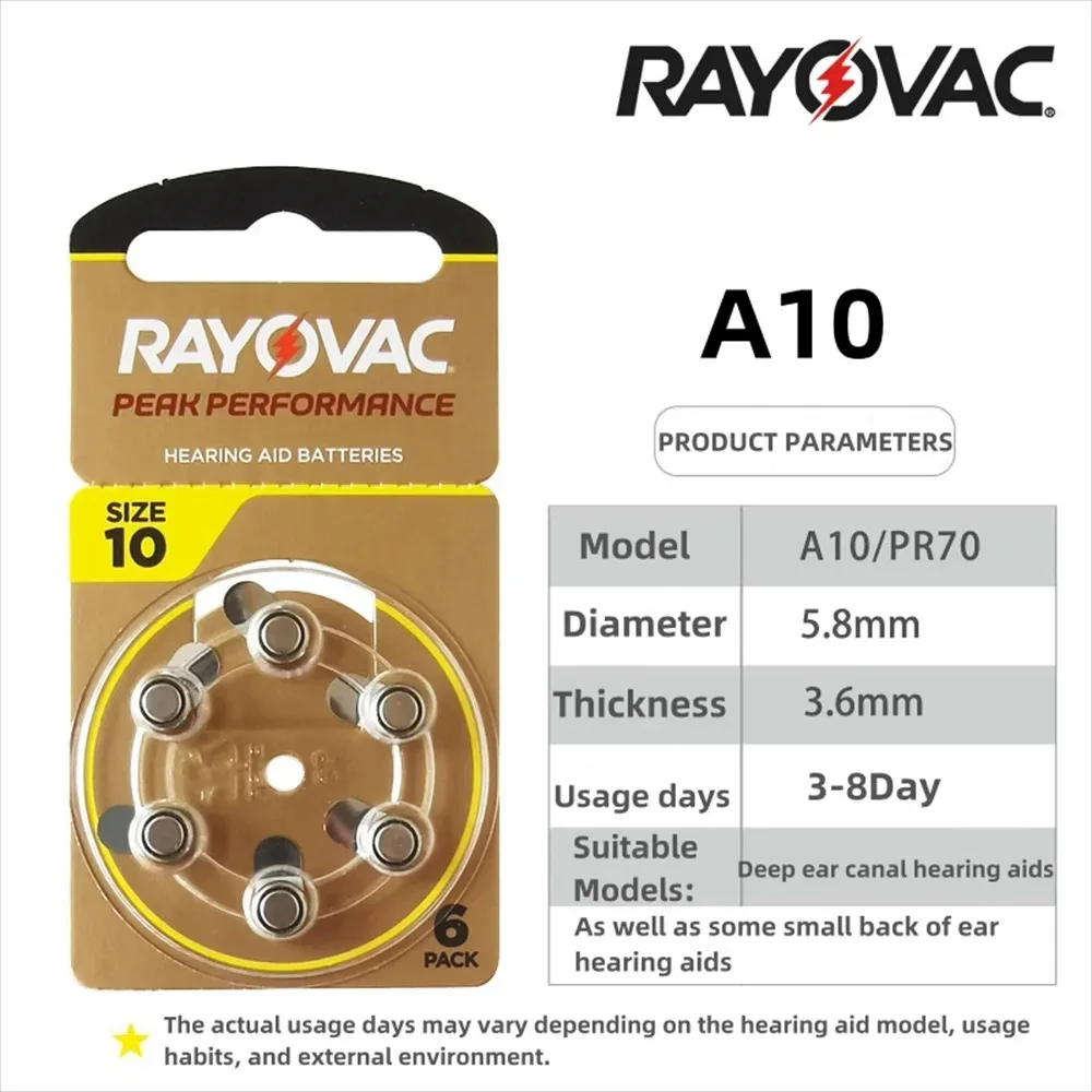 6-60Pcs RAYOVAC PEAK Hearing Aid Batteries A10 ZA10 10A P10 PR70 High Performance Zinc Air Battery For Mini Digital Hearing Aid