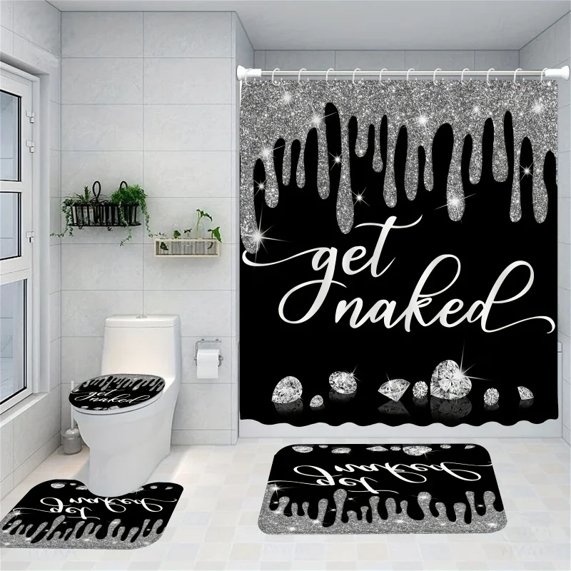 1/4pcs Black Sparkly Diamond Shower Curtain Set, Waterproof Bathroom Partition Curtain With Hooks, Non-Slip Bath Rug, Toilet U-S