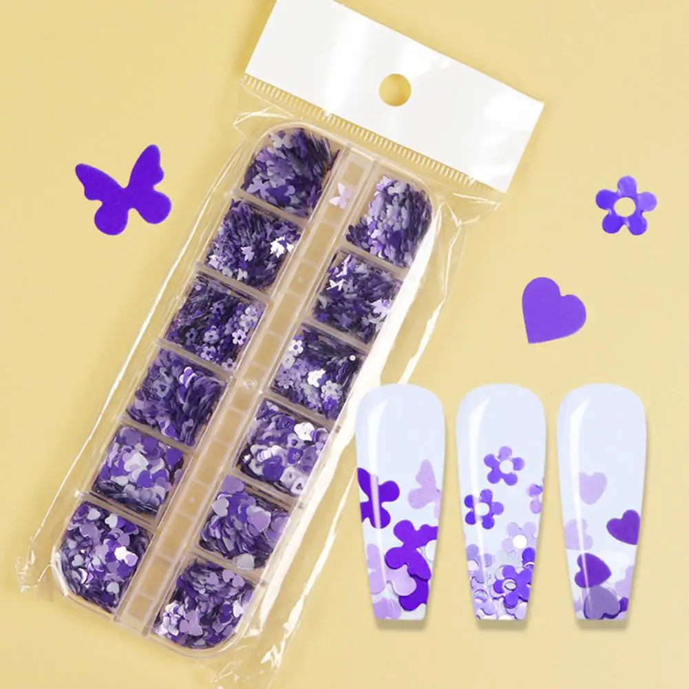 12 Grids Manicure Glitter Safe Portable PET Purple Plum Blossom Fingernail Decoration for Girls