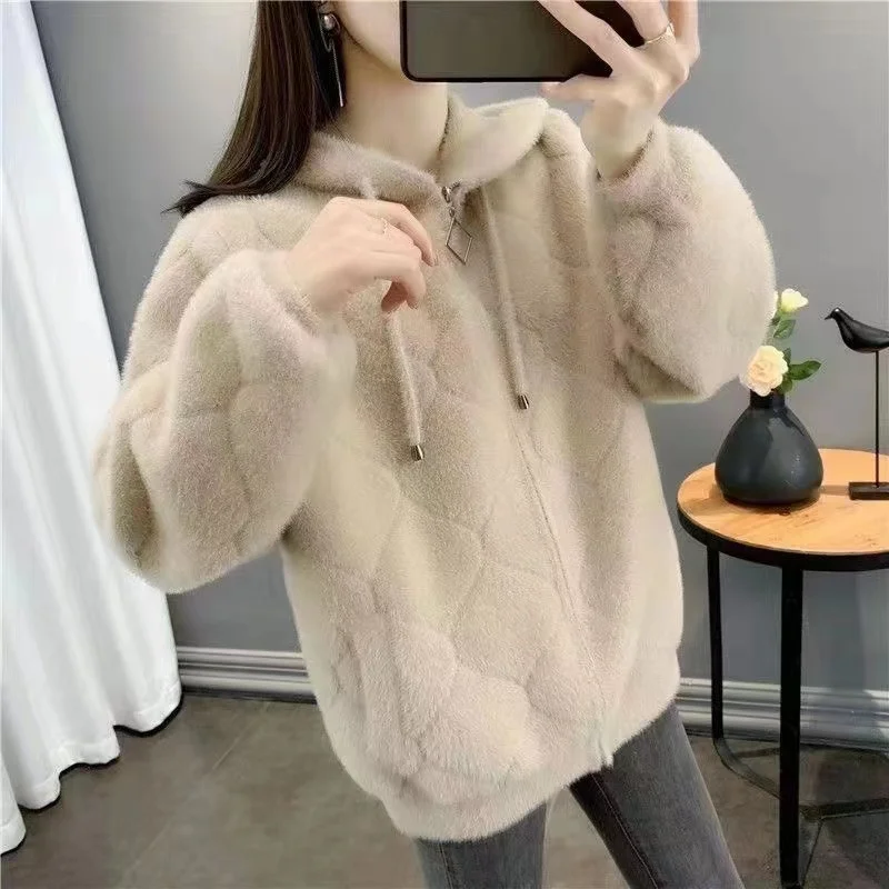 Autumn Winter Fashion LooseThickened Hooded Imitation mink Velvet Jacket 2024 New Women Knitted Cardigan Female Tops Outerwear