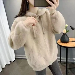 Autunno inverno moda sciolto con cappuccio imitazione visone giacca di velluto 2024 nuove donne Cardigan lavorato a maglia top femminile capispalla