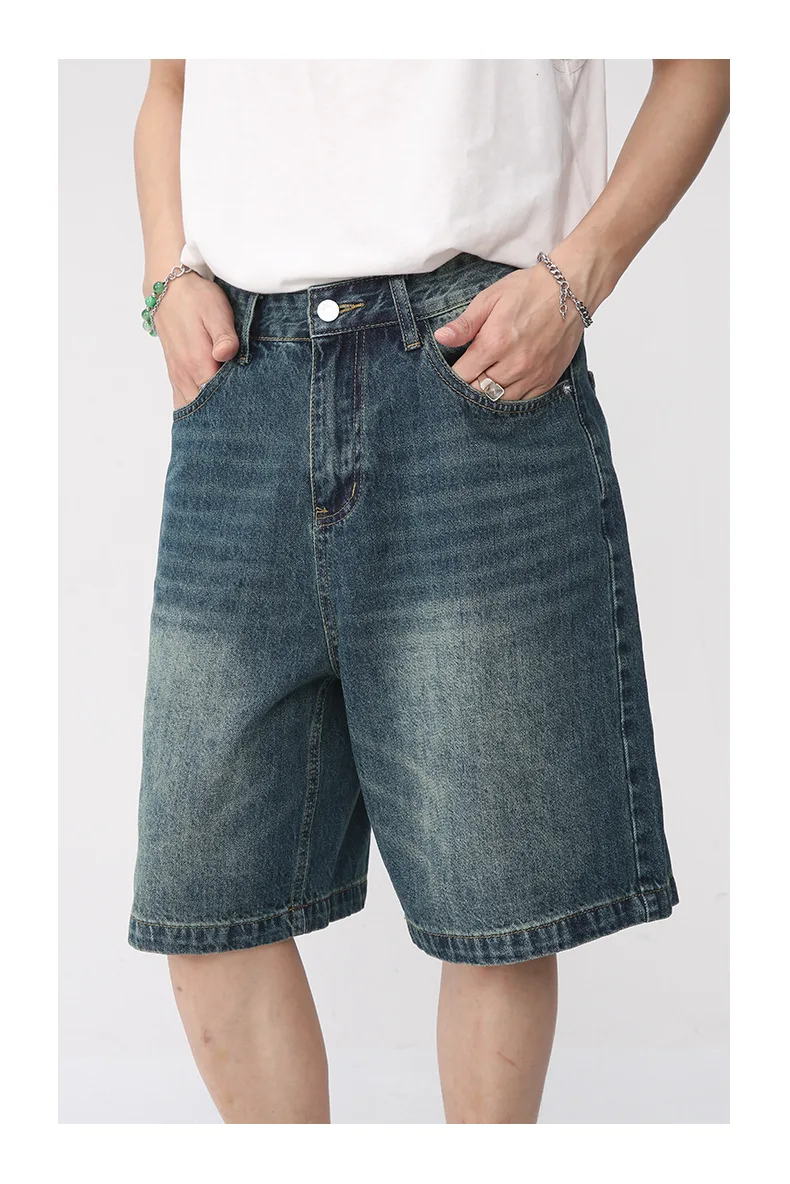 Summer Denim Shorts Men's Loose Korean Style Retro Short Jeans Fashion Washed Casual Knee Length Pant New Streetwear