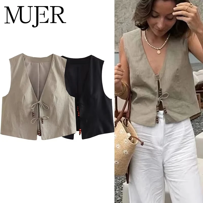 MUJER 2025 Black Cropped Vest Women Jacket Beading Tied Sleeveless Vest Woman Fashion V Neck Summer Vest Short Coats Waistcoat