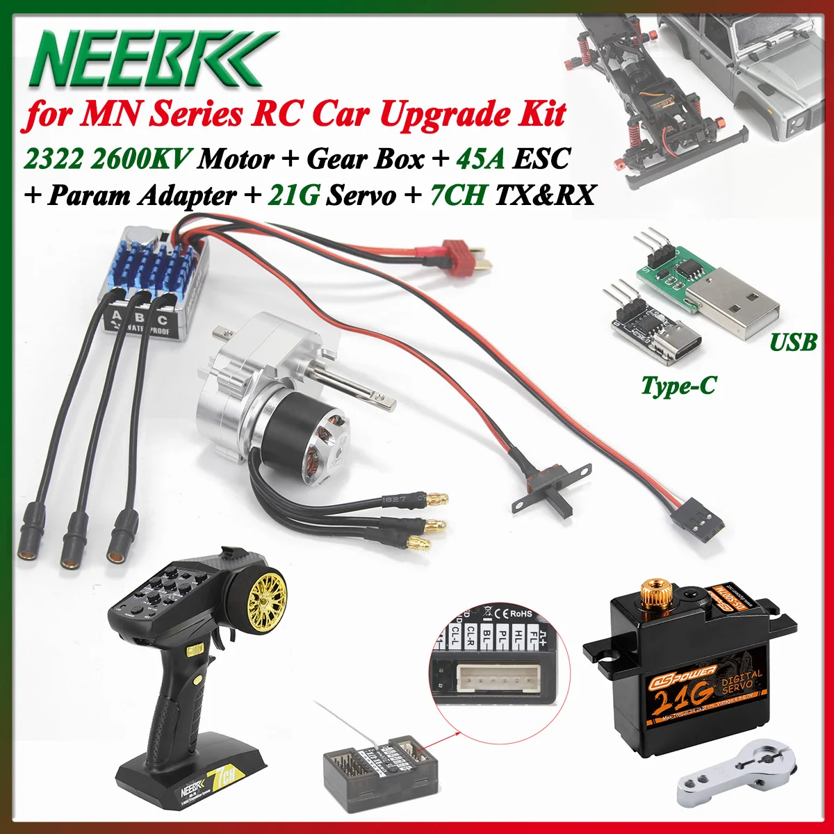 2322 2600KV Brushless Motor Gear Box AM32 45A ESC 21G Servo 7CH TX&RX for 1/12 RC Crawler Car MN99S MN99 MN78 MN82 MN168