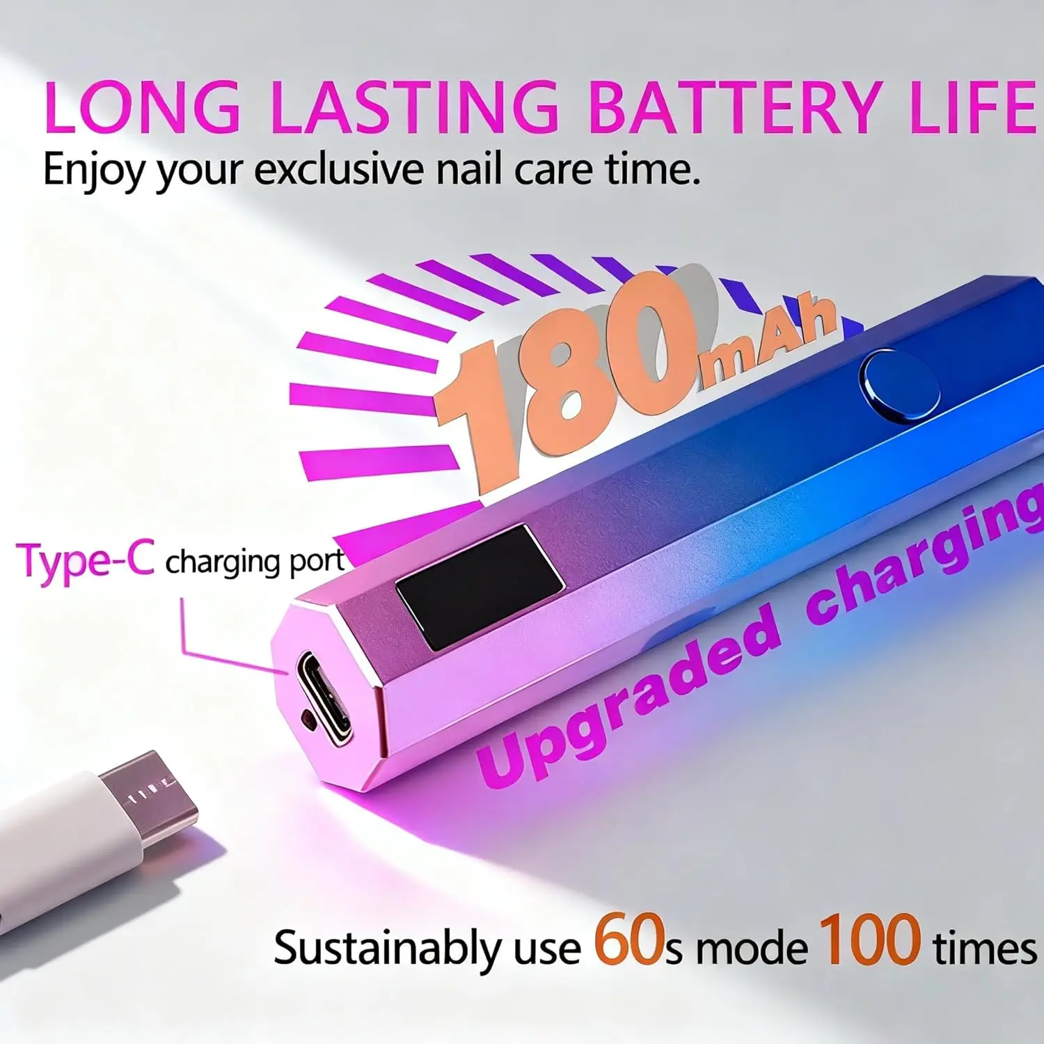 ضوء الأشعة فوق البنفسجية المحمول للأظافر الجل، مصباح أظافر صغير قابل لإعادة الشحن مع شاشة LED، مؤقت 20 ثانية/60 ثانية، وضع العناية بالعين USB، علاج سريع لـ