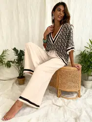 Freeacy Summer Women's Casual Suit Deep V-neck Half Sleeve Printed Shirt Top and High Waist Wide Leg Pants Summer Thin Outfits