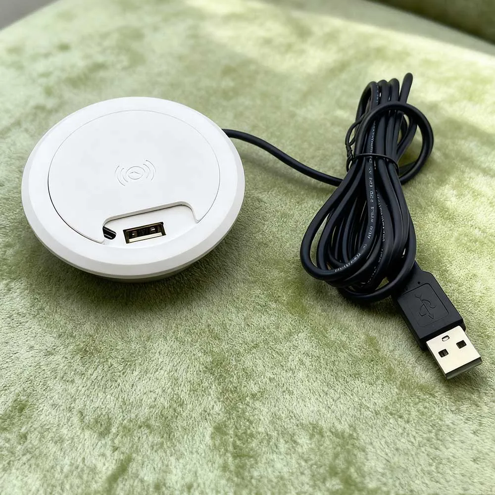 Ładowarka bezprzewodowa USB+Type-C 15W 5V do montażu w biurku, z osłoną uszczelniającą na okrągły otwór 60mm, ukryty panel.