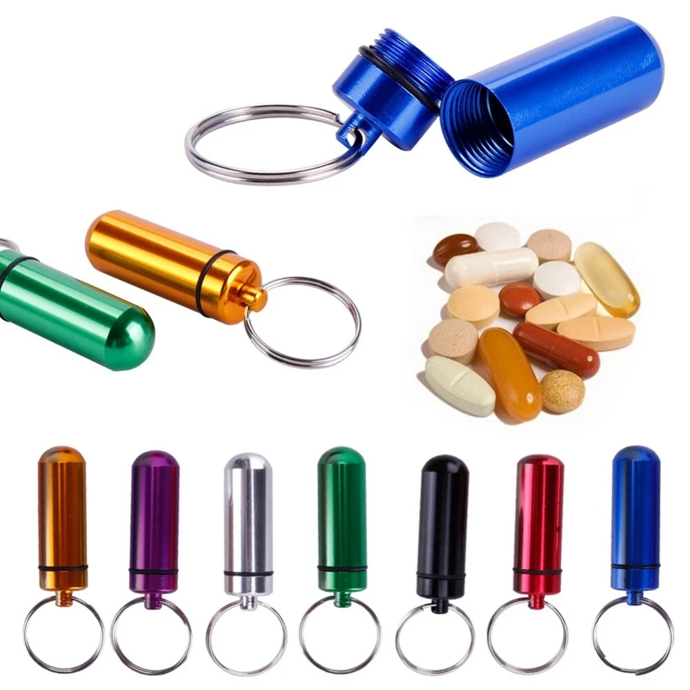 Mini Waterproof Alloy Pill Box Case Bottle Cache Drug Holder Container Keychain Medicine Box Health Care Travel Portable
